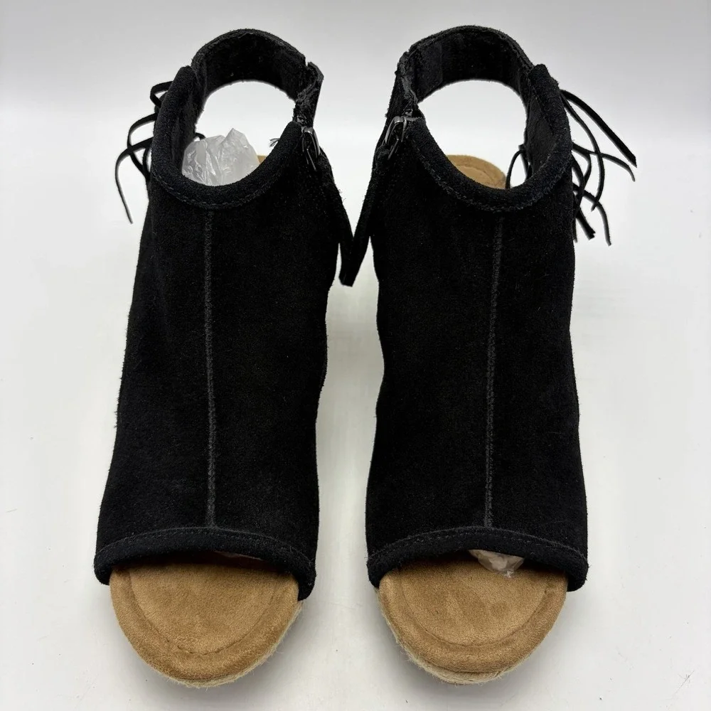 Wedge Espadrille Sandals Women 8 Blaire Black Suede Leather Fringe Festival Boho